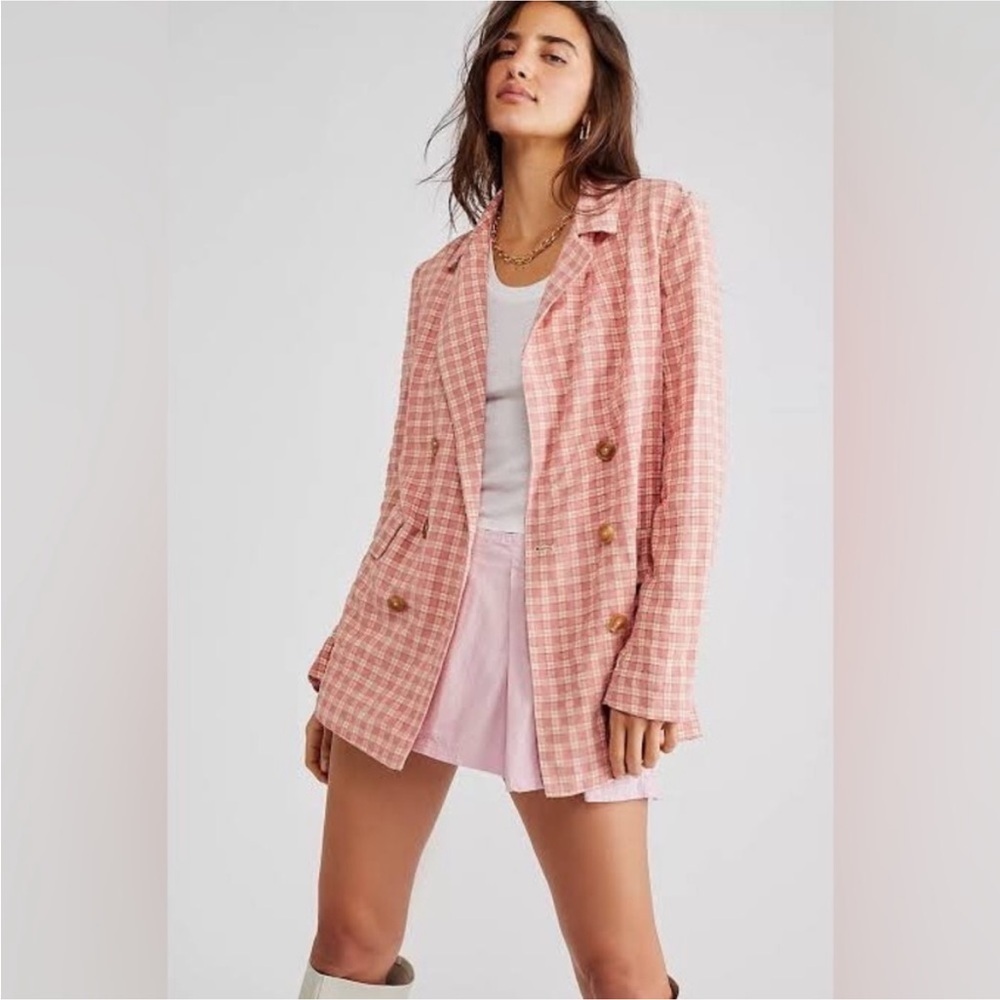 NEW Free People Olivia Gingham Blazer Size S Cream/Pink